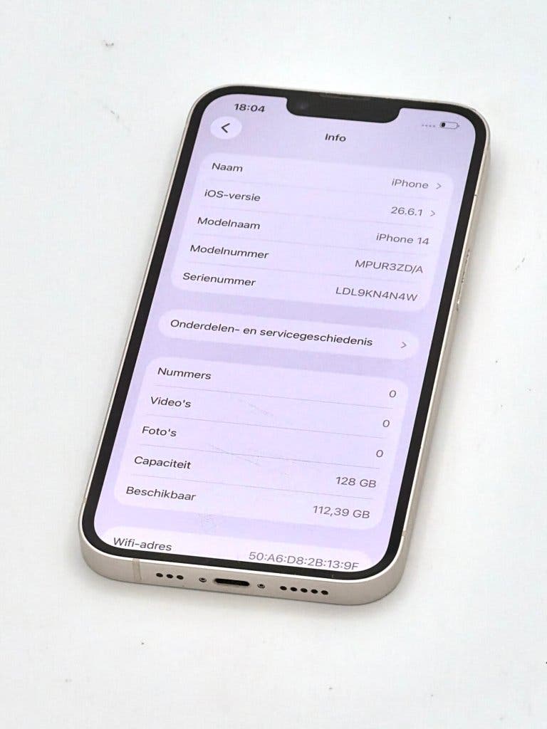 Erg Mooie iPhone 14 White 128GB, met 100% batterijconditie, foto 2